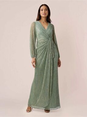 Adrianna Papell Metallic Sage Green Twist-Front Long Sleeve Gown